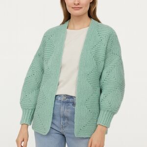 Vintage Women's Hand Knit Elegant Mint Cardigan Chunky Balloon Sleeve Sz S